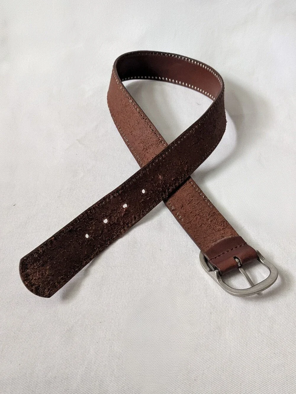 Calvin Klein Jeans Brown Genuine Leather Studded Wide Belt Curved Silver Buckle